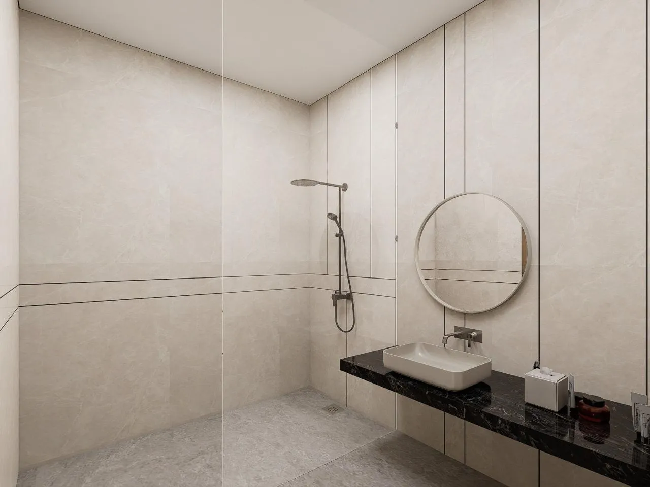 A guest bathroom at JS Grand, a Kumbakonam wedding hall with rooms on-site — 6