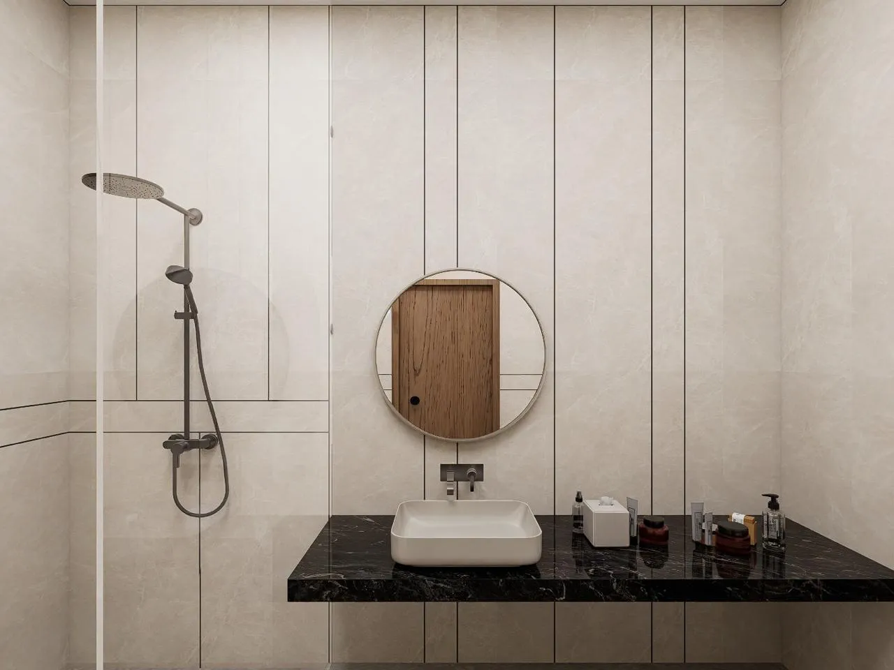 A guest bathroom at JS Grand, a Kumbakonam wedding hall with rooms on-site — 1