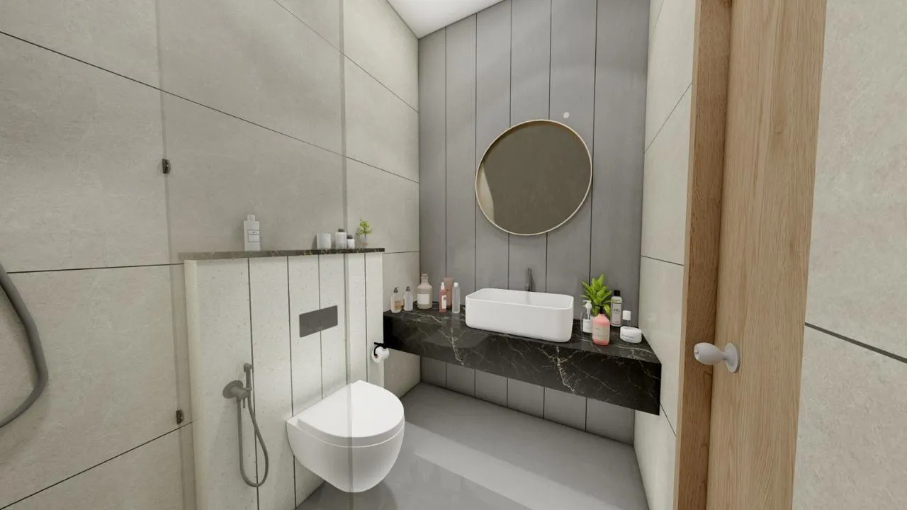 A guest bathroom at JS Grand, a Kumbakonam wedding hall with rooms on-site — 2