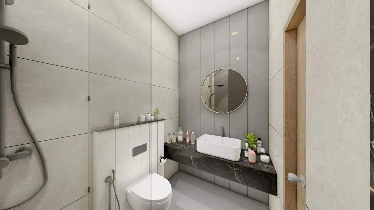 A guest bathroom at JS Grand, a Kumbakonam wedding hall with rooms on-site — 3